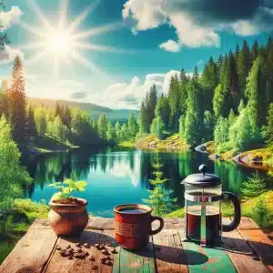 Eine ruhige Szene im Freien mit einem Holztisch mit Blick auf einen unberührten See, der von üppigen grünen Bäumen umgeben ist. Auf dem Tisch stehen eine Kaffeepresse, eine Tasse Kaffee, eine kleine Topfpflanze und verstreute Kaffeebohnen. Die Sonne scheint hell am klaren blauen Himmel.